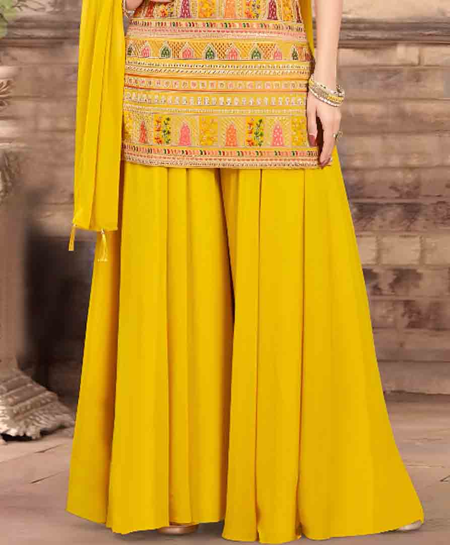 Yellow Mirror Work Sharara Set with Tribal Motif Embroidery