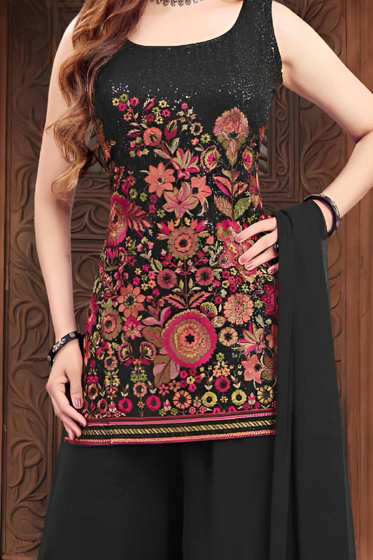 Black Embroidered Sleeveless Palazzo Suit with Dupatta
