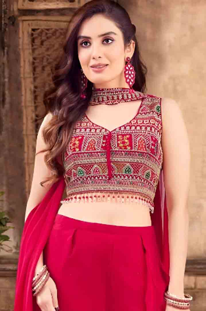 Red Mirror Embroidered Crop Top with Flowy Palazzo & Dupatta
