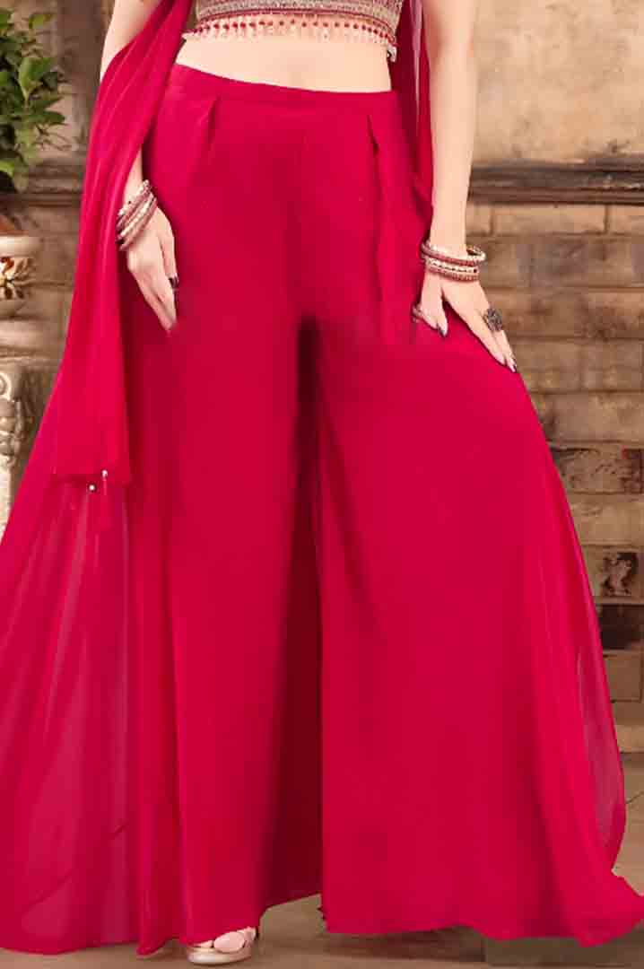 Red Mirror Embroidered Crop Top with Flowy Palazzo & Dupatta