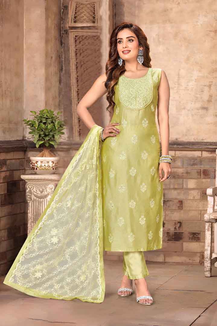 Pista Green Jacquard Straight Suit with Embroidered Dupatta