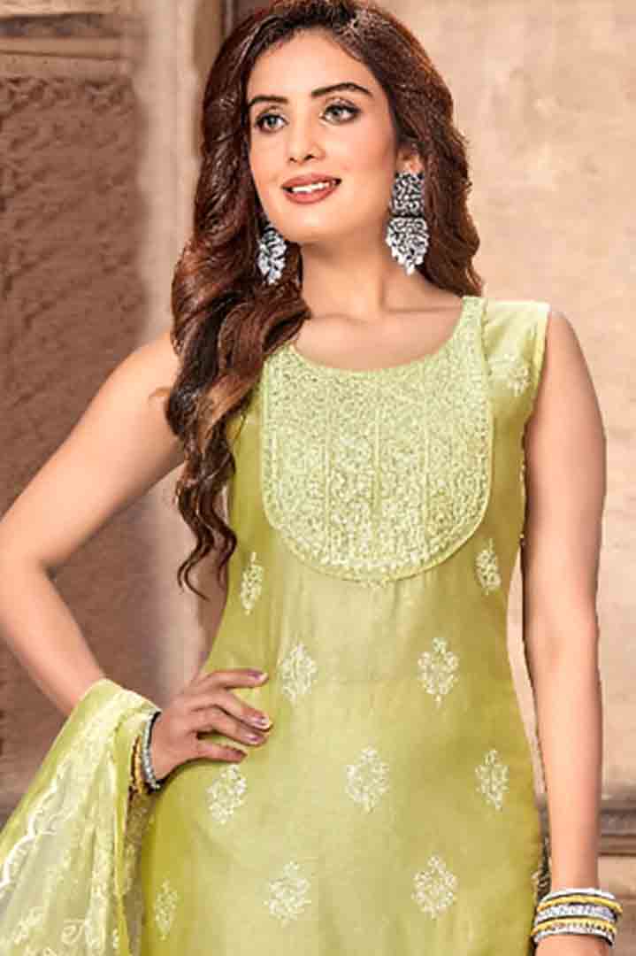 Pista Green Jacquard Straight Suit with Embroidered Dupatta