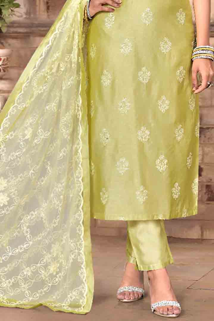 Pista Green Jacquard Straight Suit with Embroidered Dupatta