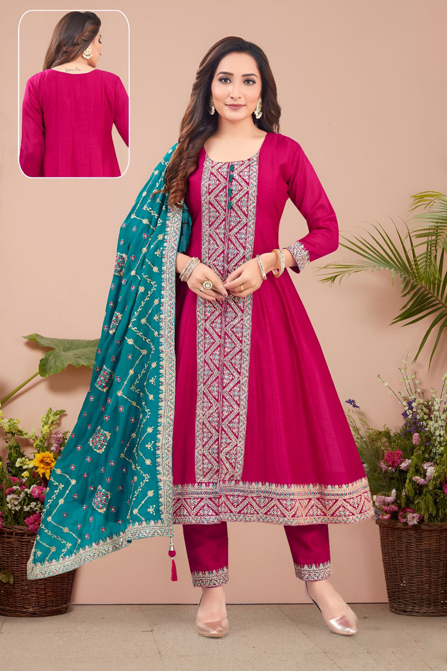 Pink Embroidered Anarkali Suit with Teal Dupatta
