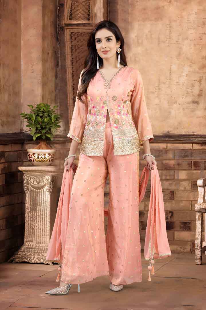 Peach Embroidered Jacket Style Kurti with Palazzo & Dupatta