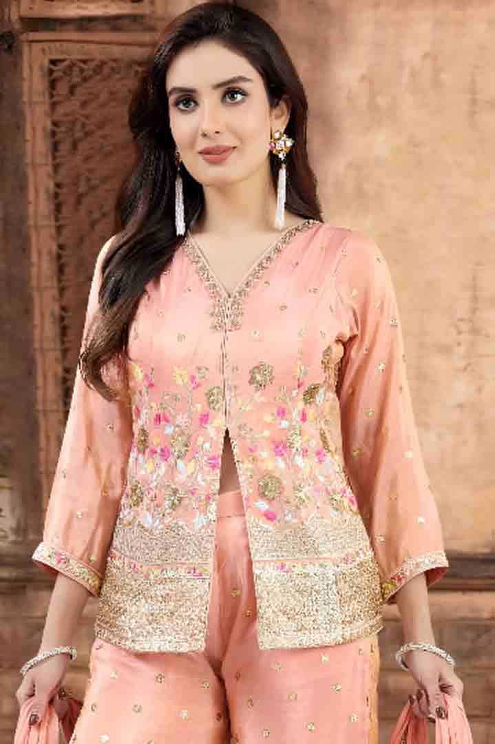 Peach Embroidered Jacket Style Kurti with Palazzo & Dupatta