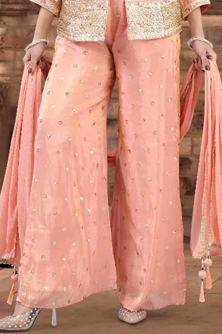 Peach Embroidered Jacket Style Kurti with Palazzo & Dupatta