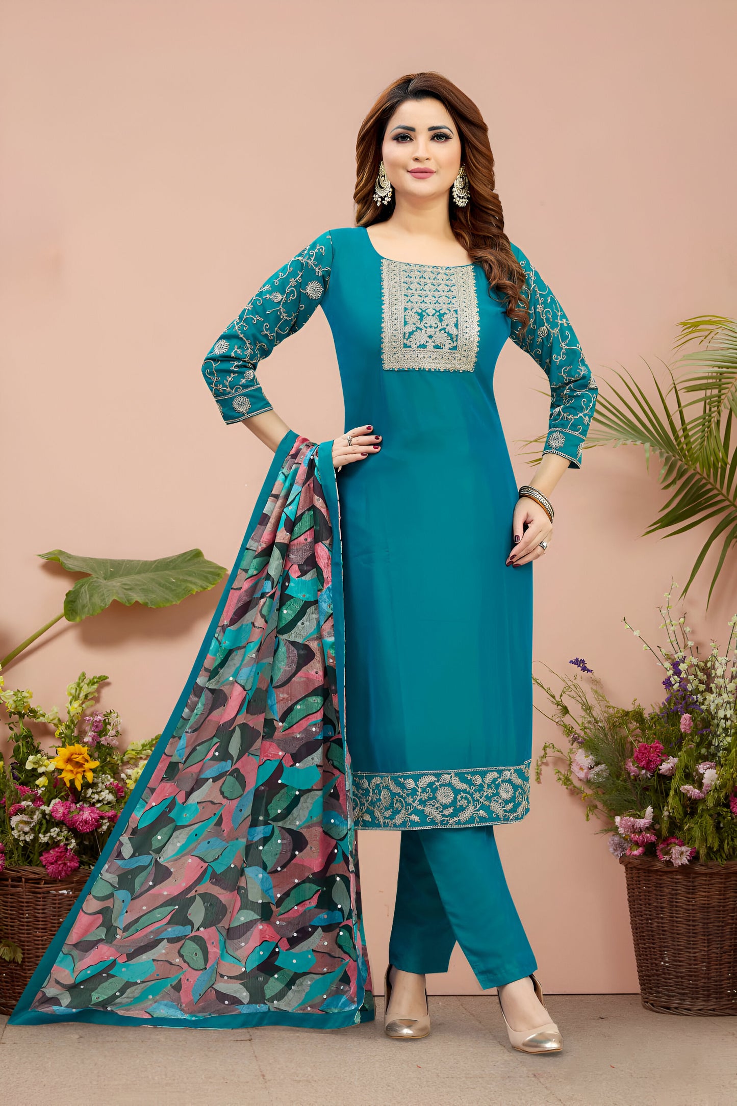 Blue Embroidered Suit with Printed Dupatta