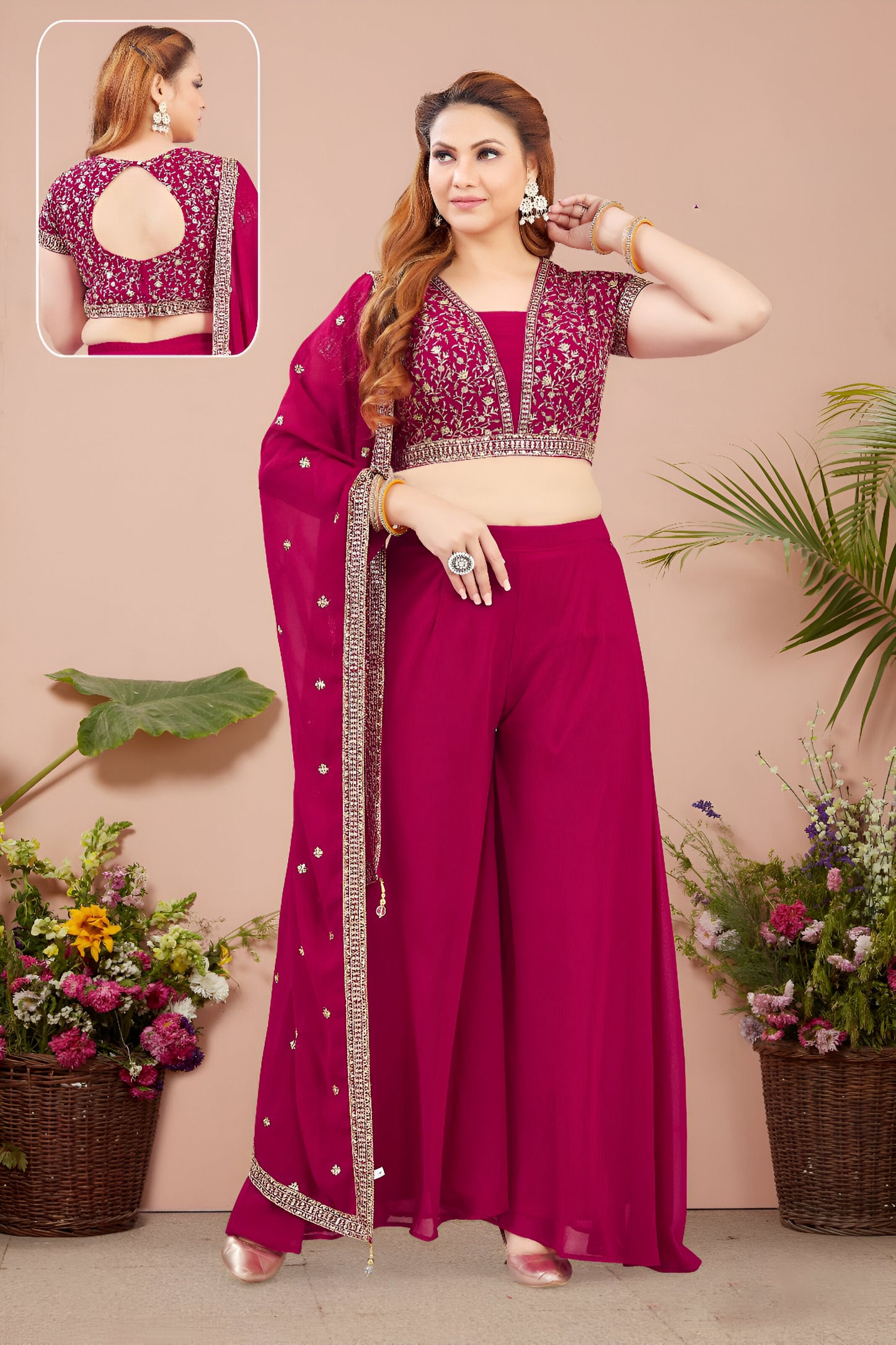 Maroon Embroidered Crop Top with Palazzo Pants and Dupatta