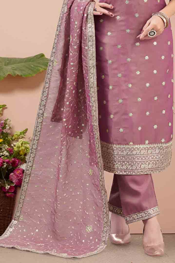 Dusty Mauve Embroidered Straight Suit with Dupatta