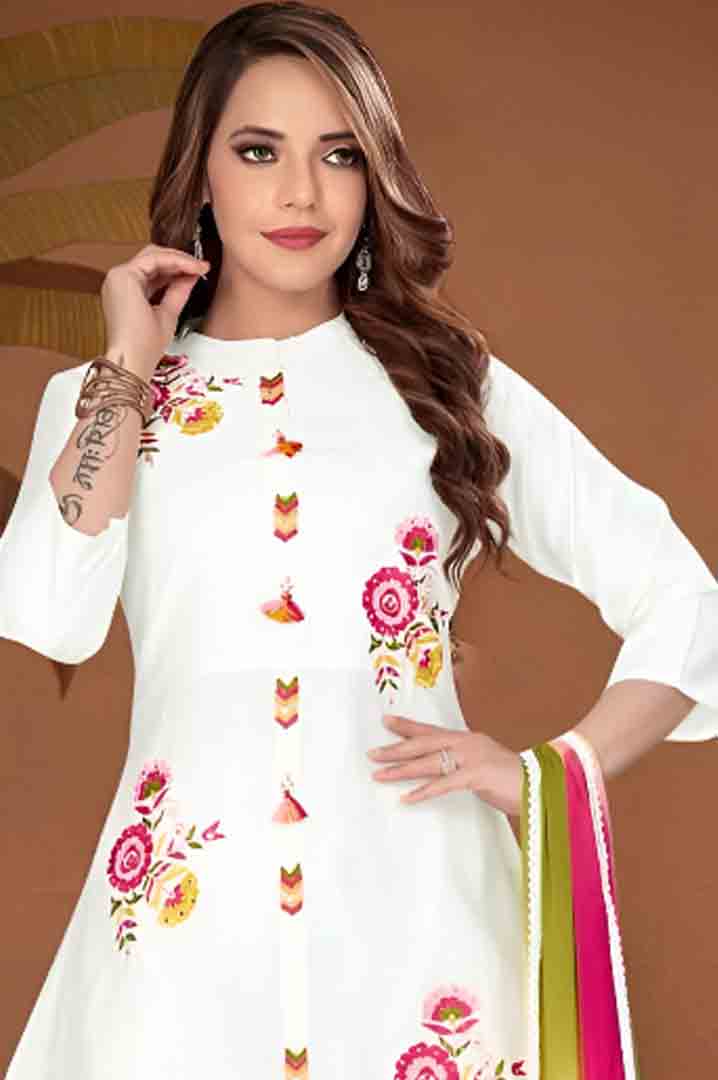 White Asymmetric Kurta Set with Multicolor Floral Embroidery & Ombre Dupatta