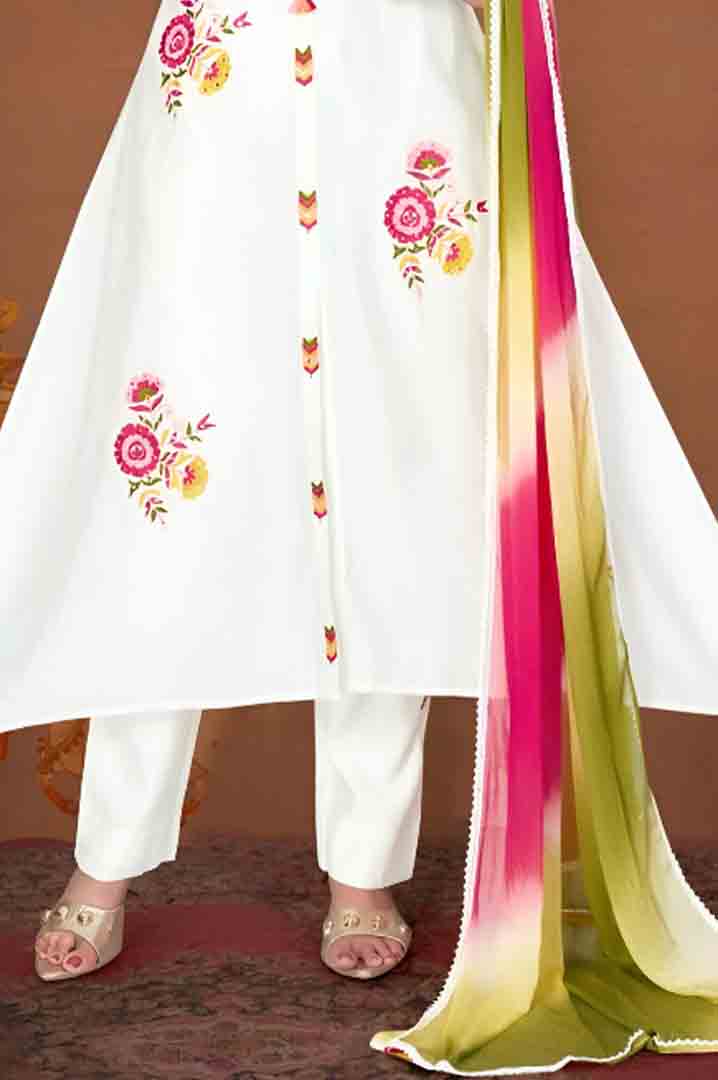 White Asymmetric Kurta Set with Multicolor Floral Embroidery & Ombre Dupatta