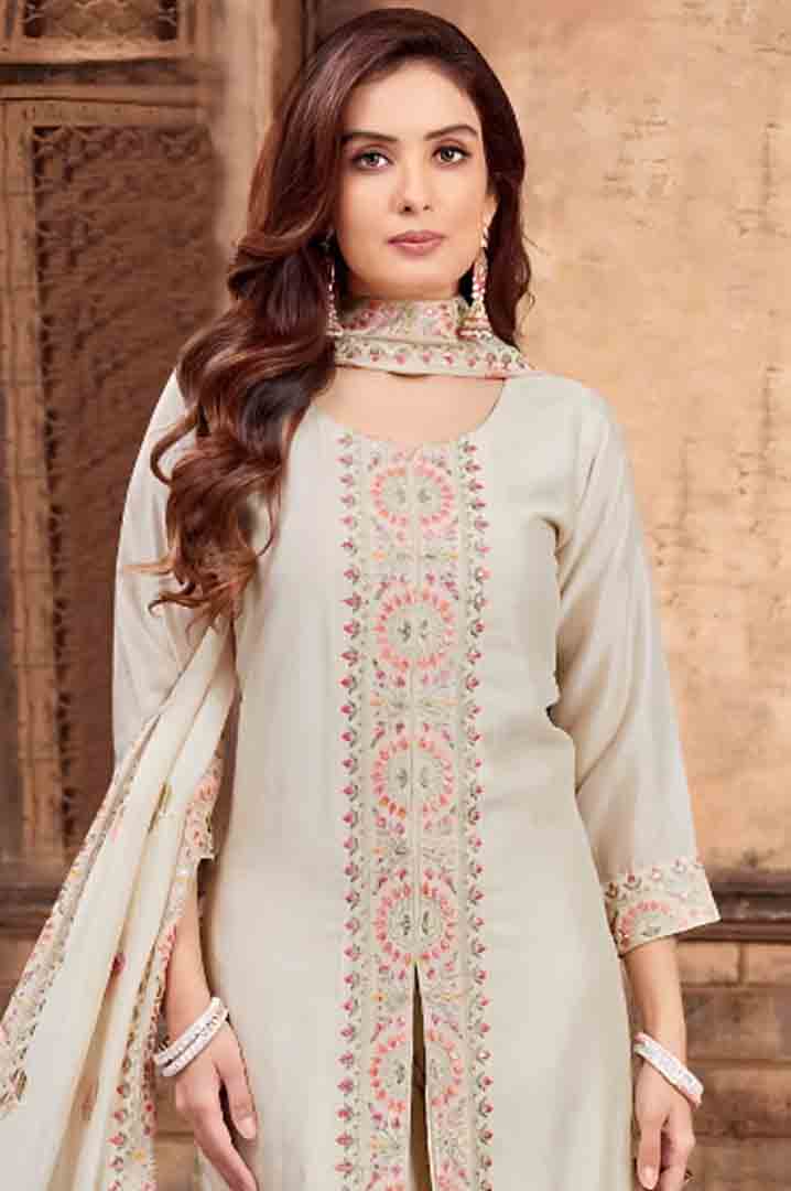 Off White Floral Embroidered Straight Suit Set with Churidar