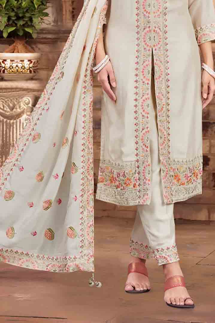 Off White Floral Embroidered Straight Suit Set with Churidar