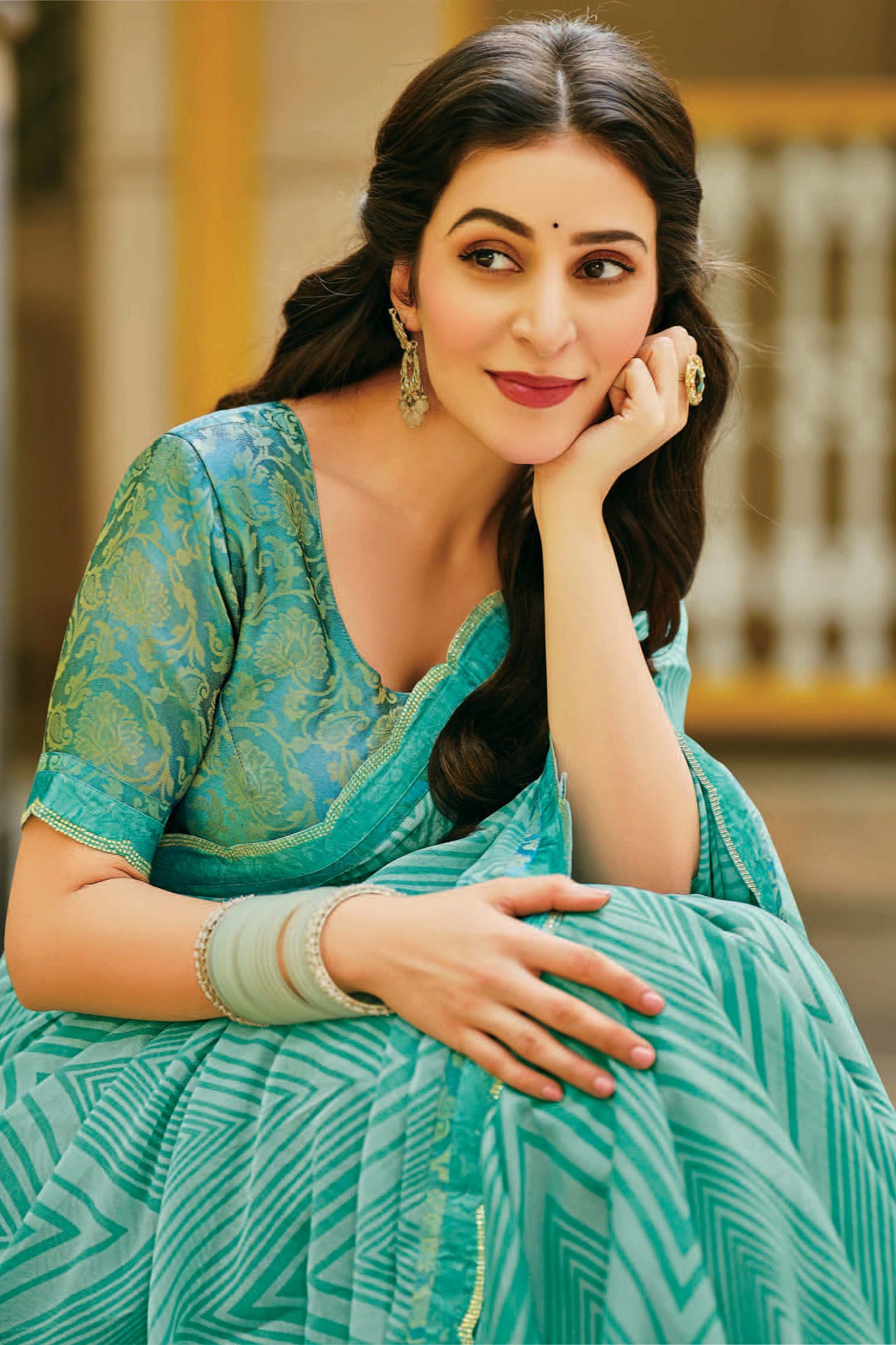 Aqua Blue Printed Georgette Saree
