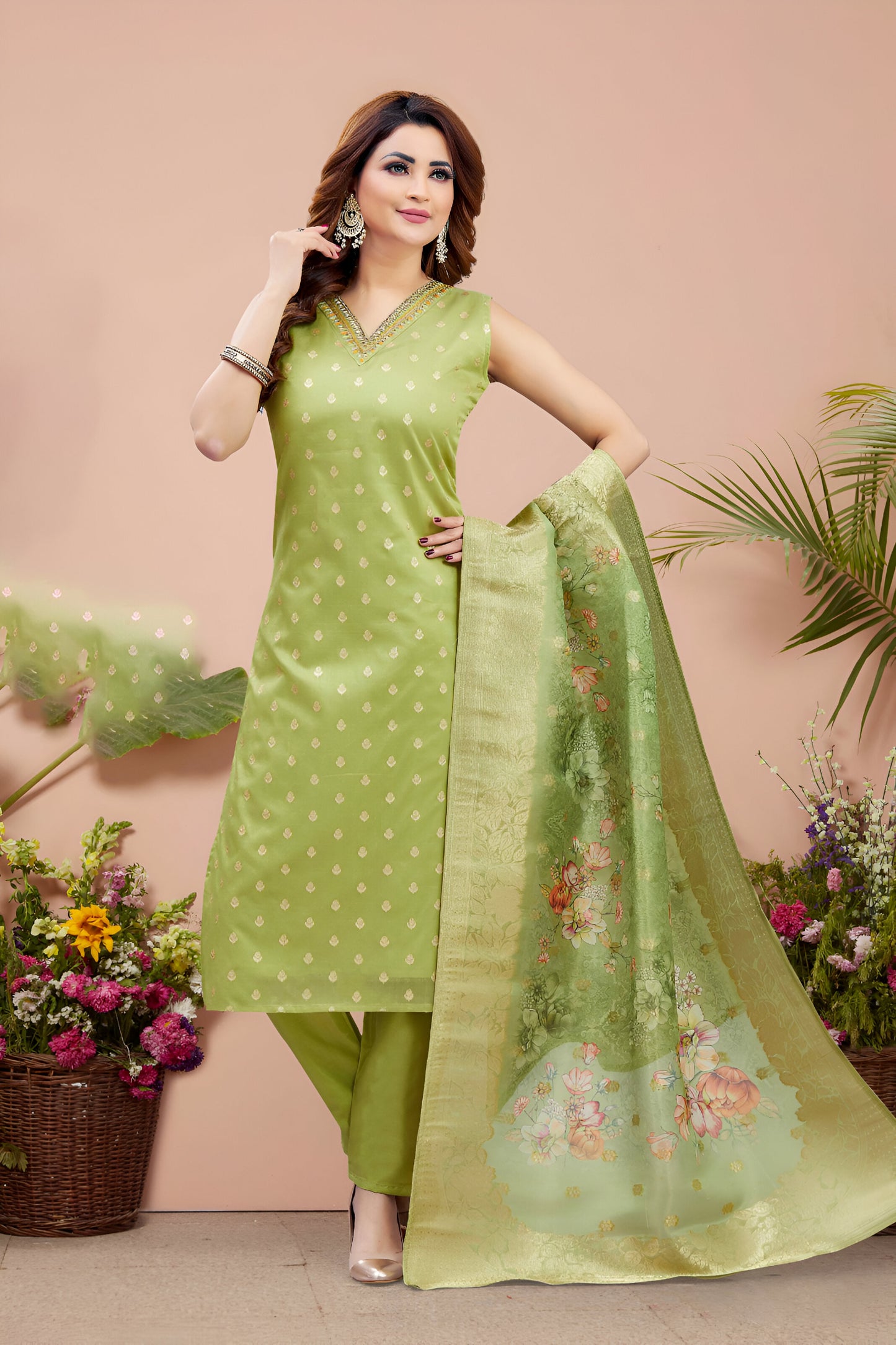 Light Green Suit with Floral Dupatta.