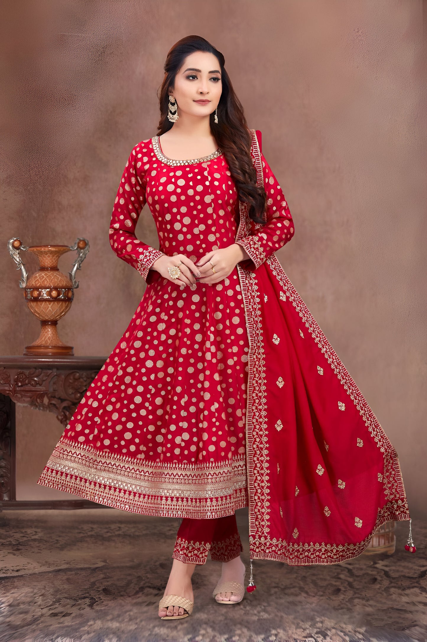 Red Color Embroidered Anarkali Suit