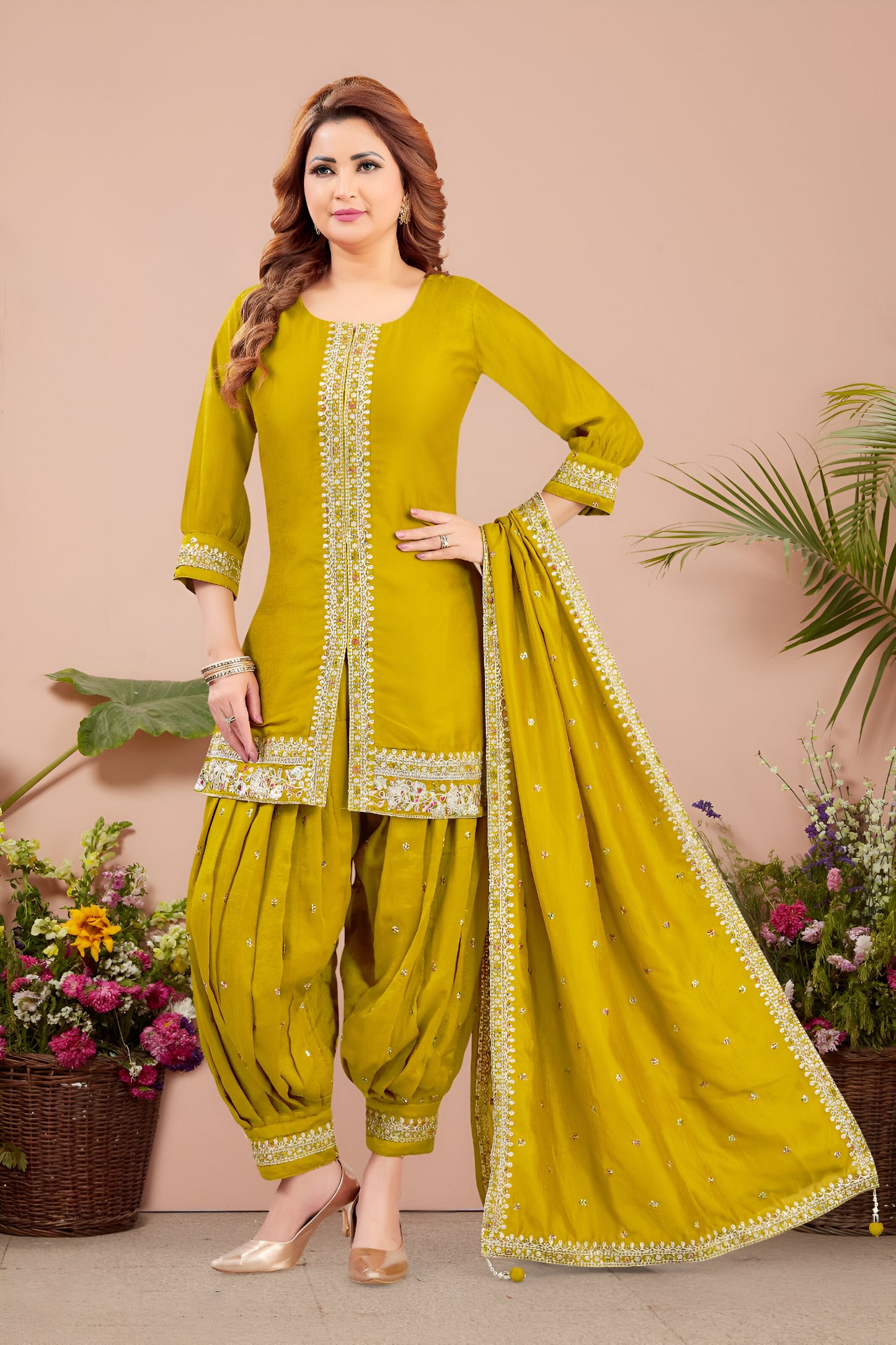 Mustard Yellow Embroidered afgani Suit