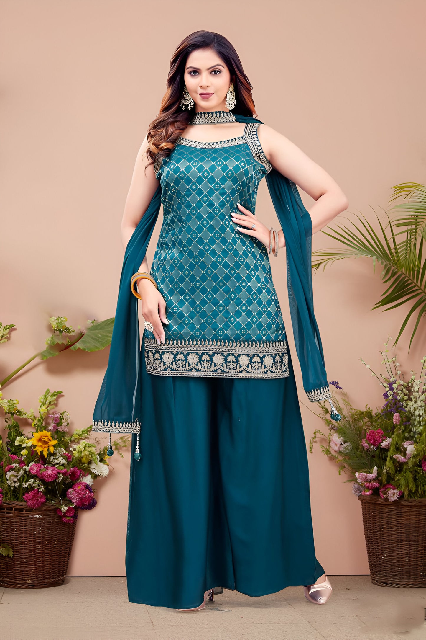 Teal Printed Sleeveless Palazzo Suit.