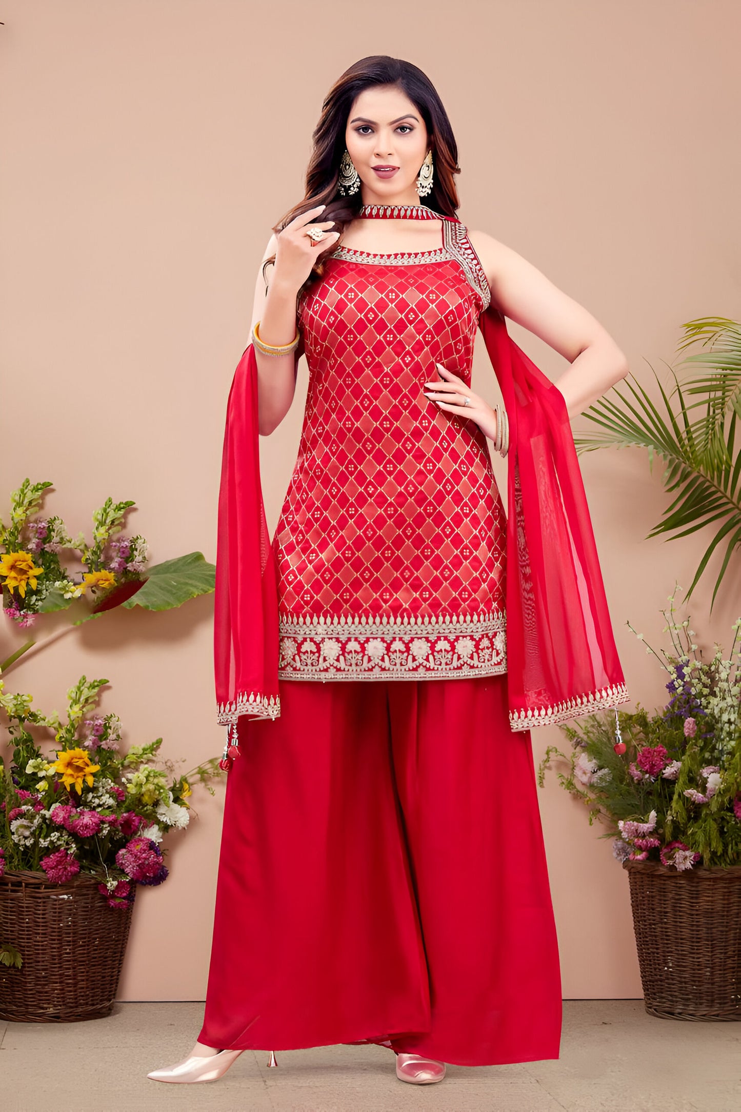 Red Printed Sleeveless Palazzo Suit