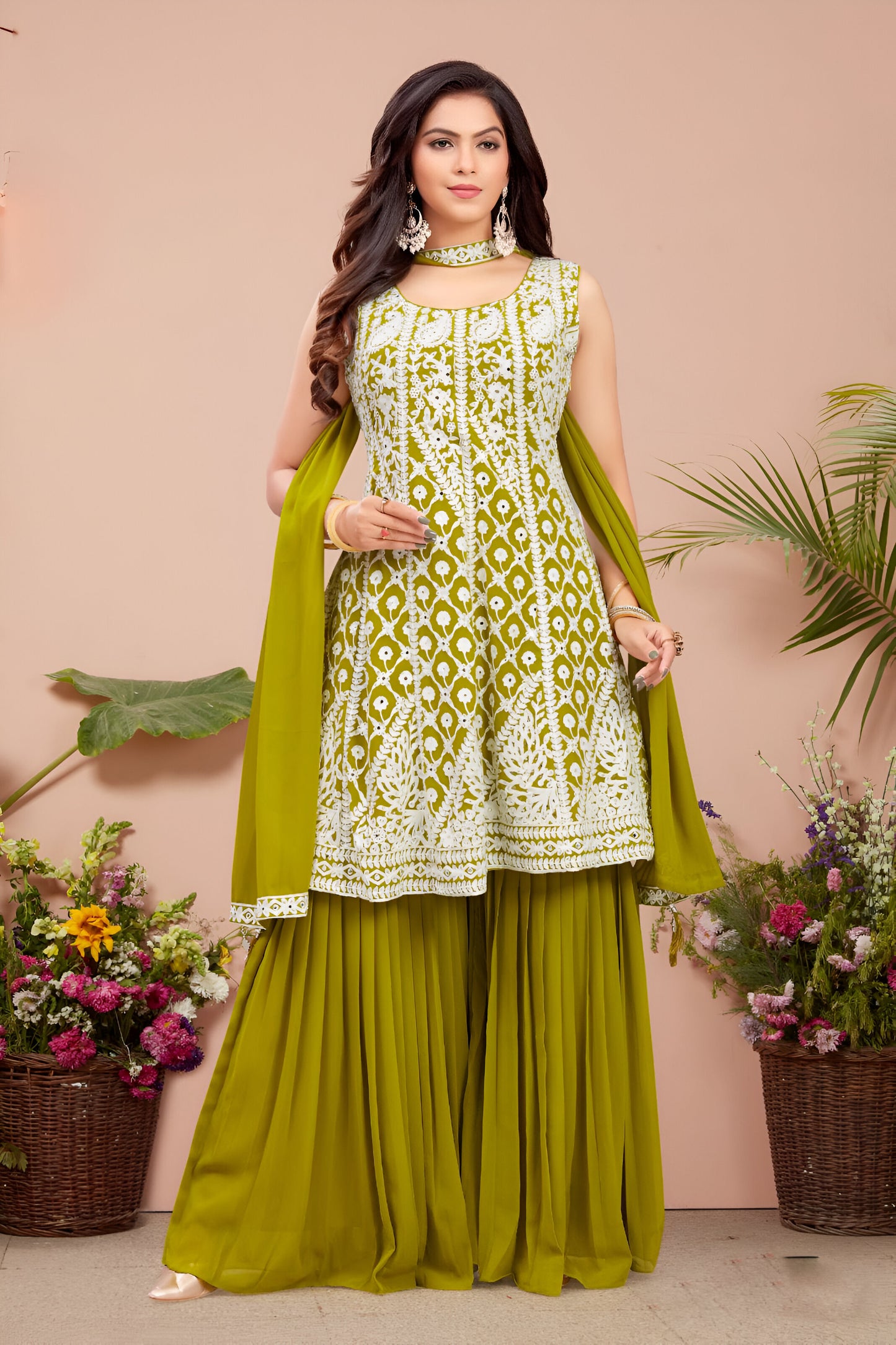 Olive Green Embroidered Sleeveless Palazzo Suit.