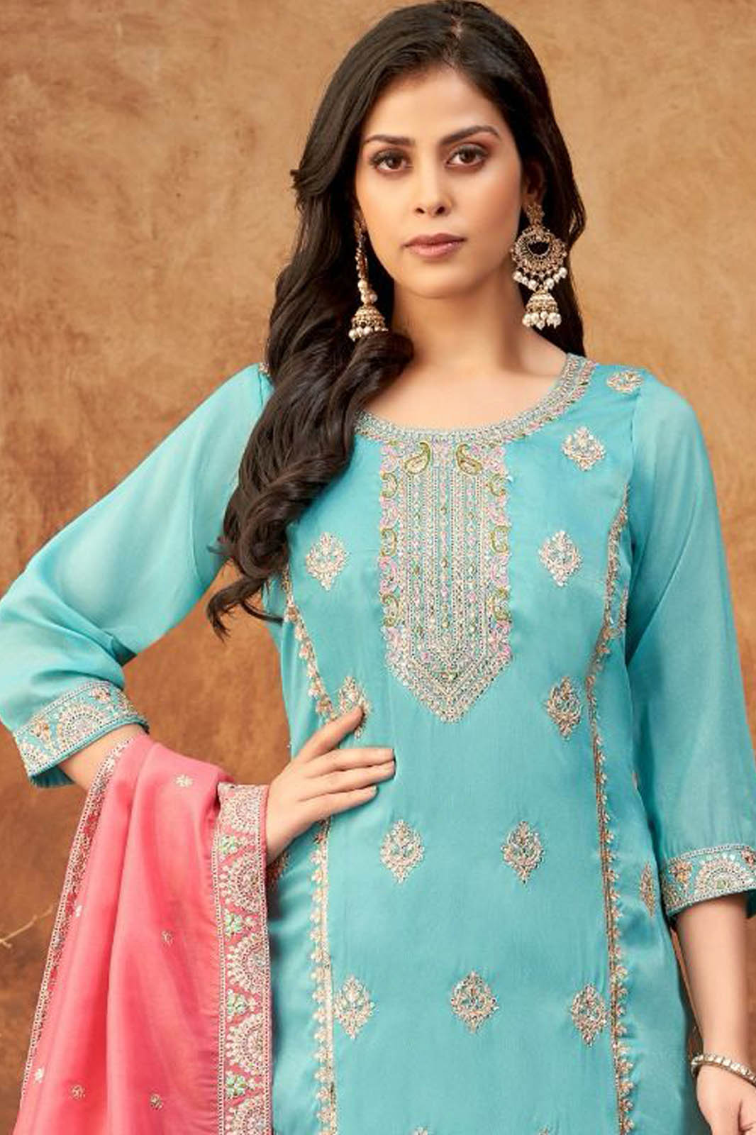 Aqua Blue Embroidered Palazzo Suit with Peach Dupatta