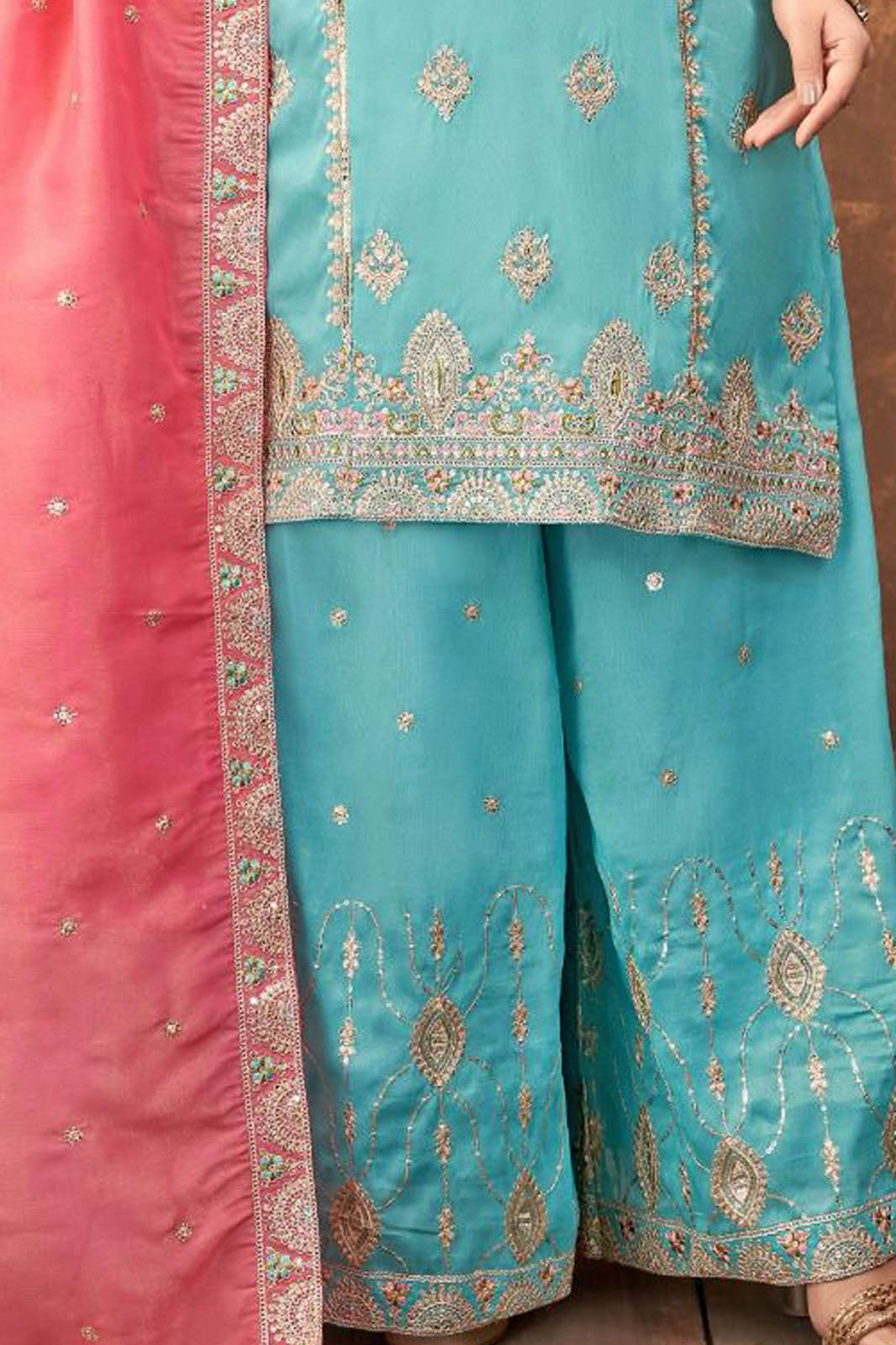 Aqua Blue Embroidered Palazzo Suit with Peach Dupatta