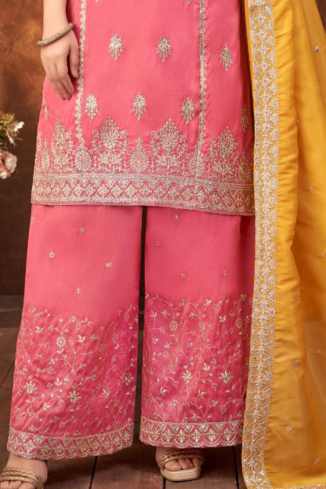 Pink Embroidered Palazzo Suit with Mustard Dupatta