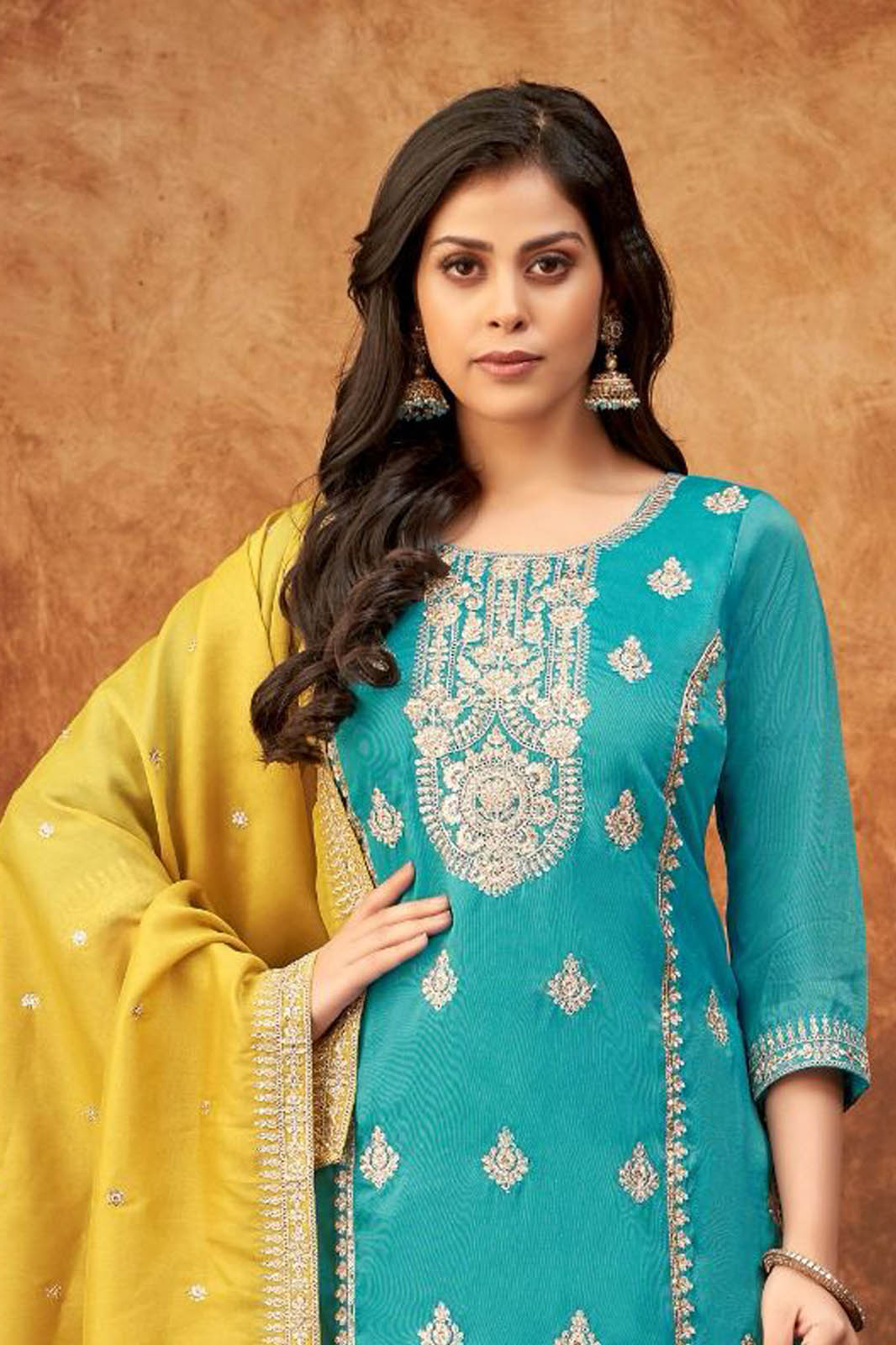 Teal Georgette Embroidered Palazzo Suit with Mustard Dupatta