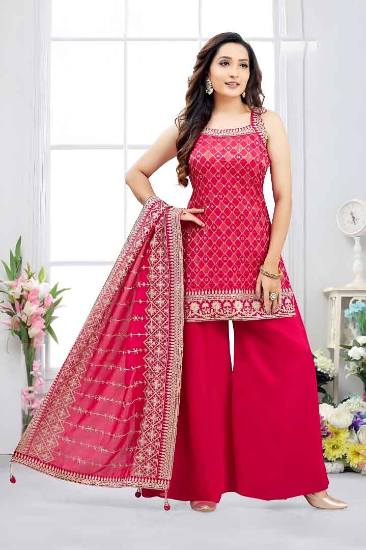 Red Embroidered Set with Palazzo & Dupatta