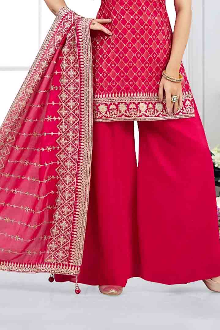 Red Embroidered Set with Palazzo & Dupatta