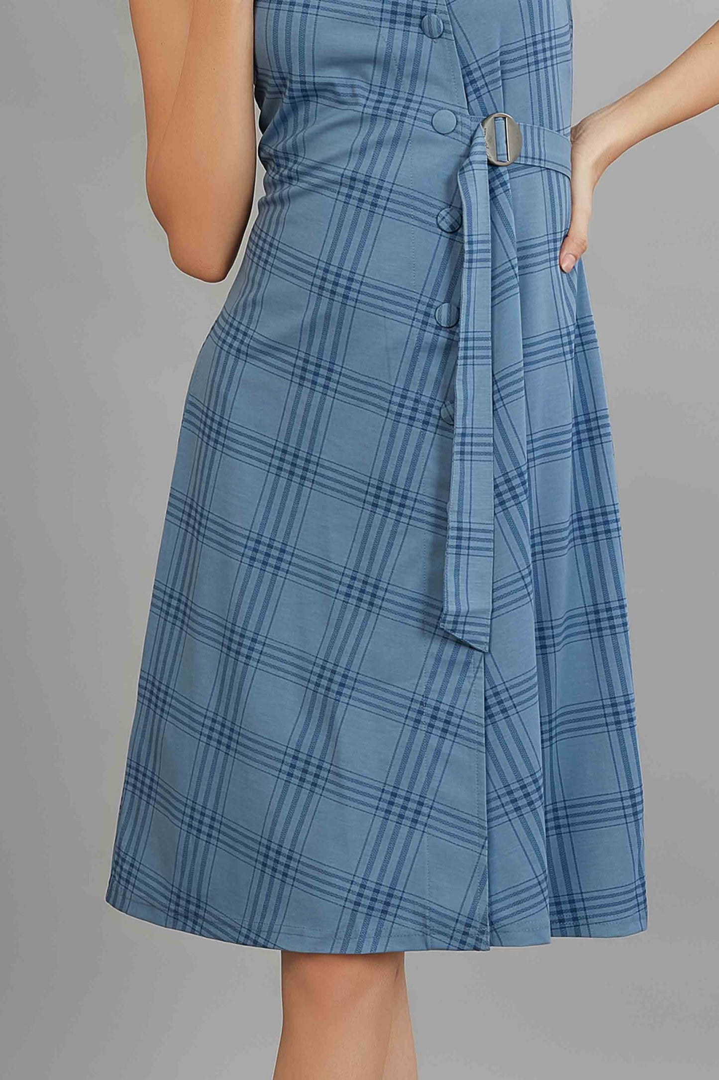 Blue Checkered Midi Dress with Detachable Sleeves