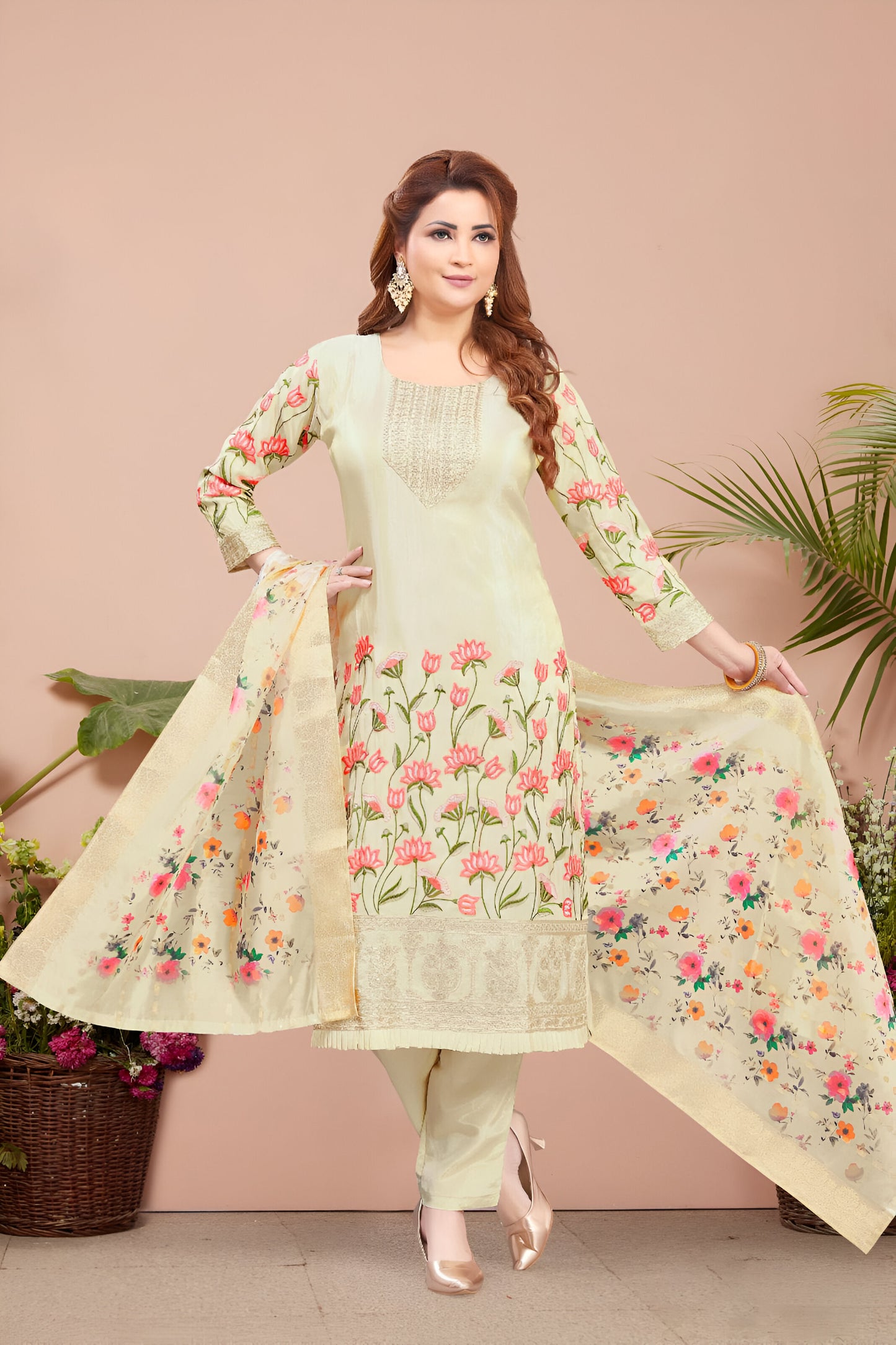 Light Beige Floral Print Suit