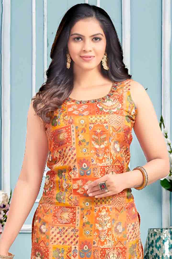 Orange Multi-Print Cotton Suit Set with Plain Dupatta