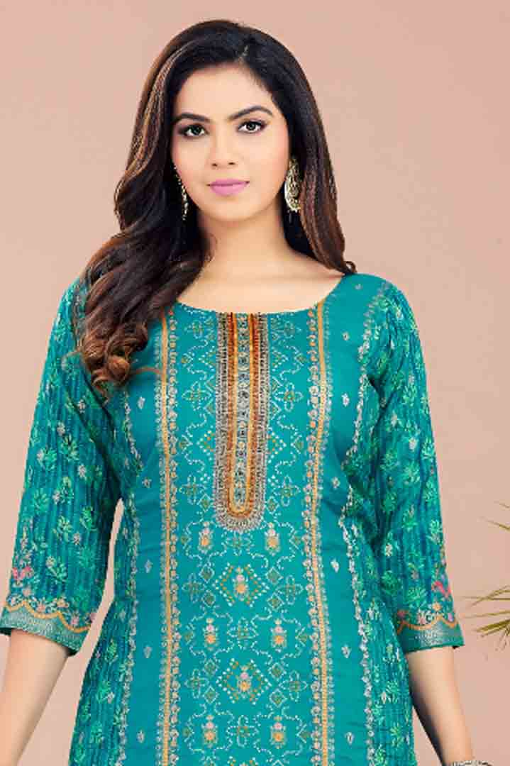Teal Green Ethnic Print Straight Suit Set with Plain Dupatta