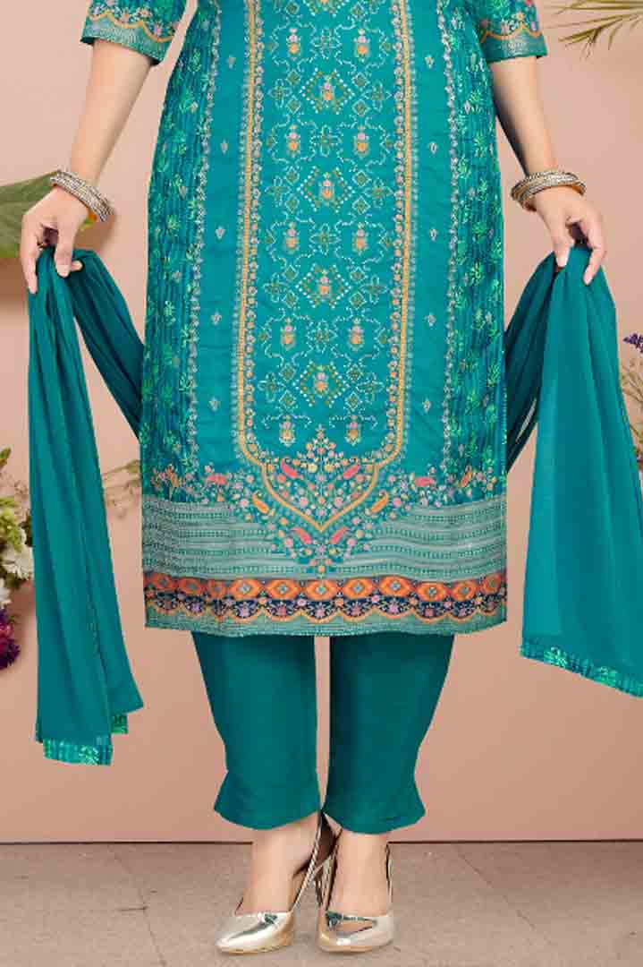 Teal Green Ethnic Print Straight Suit Set with Plain Dupatta