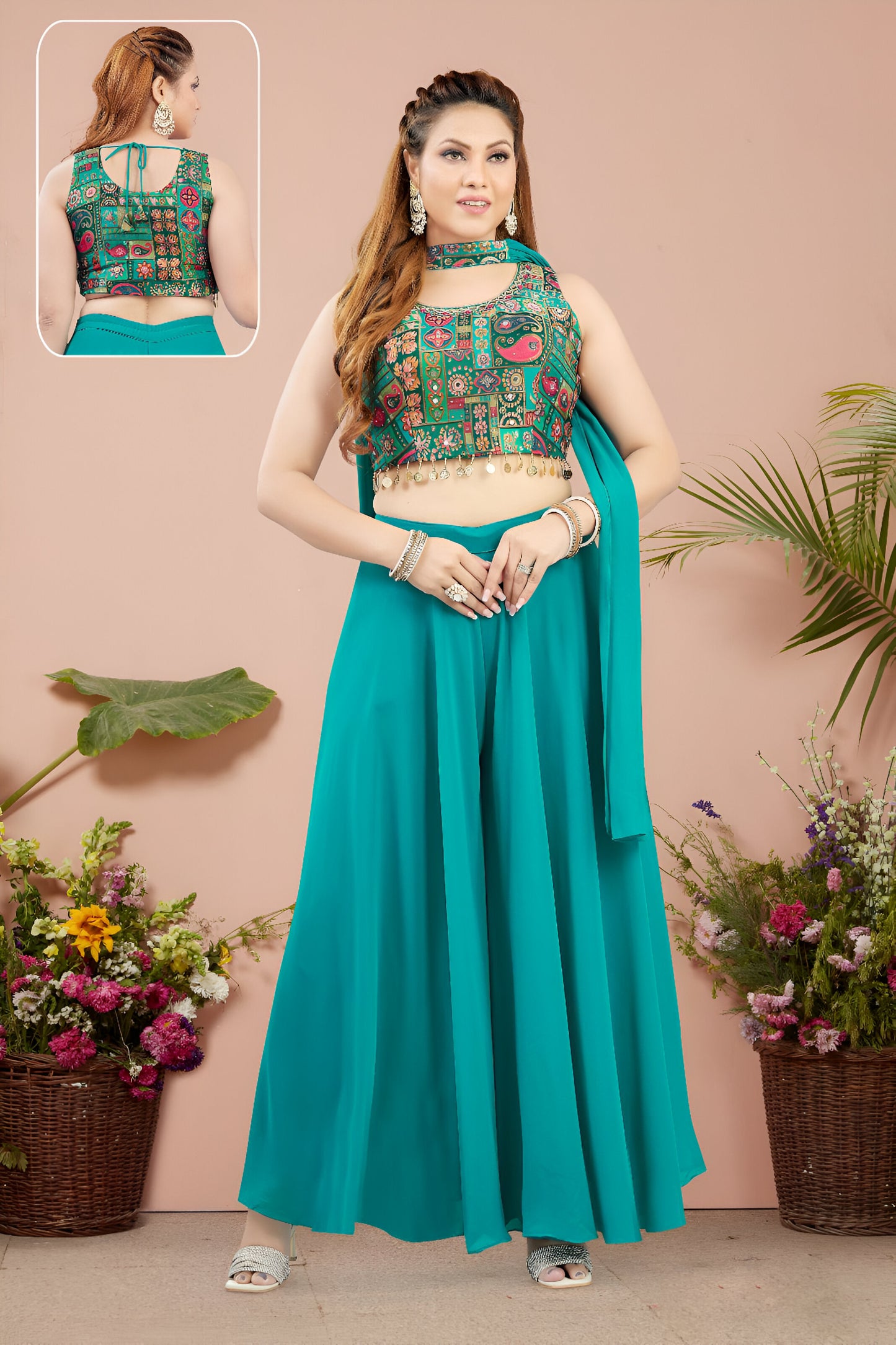 Teal Blue Color Top with Palazzo Pants and Dupatta.