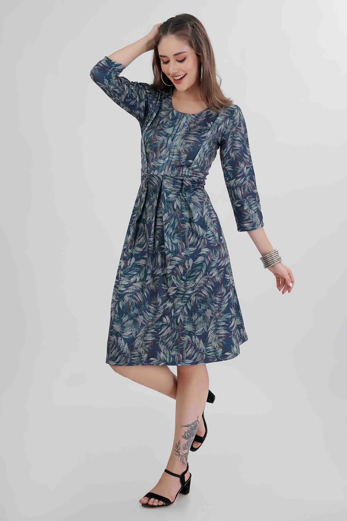 Teal Leaf Printed Fit & Flare Midi Dress