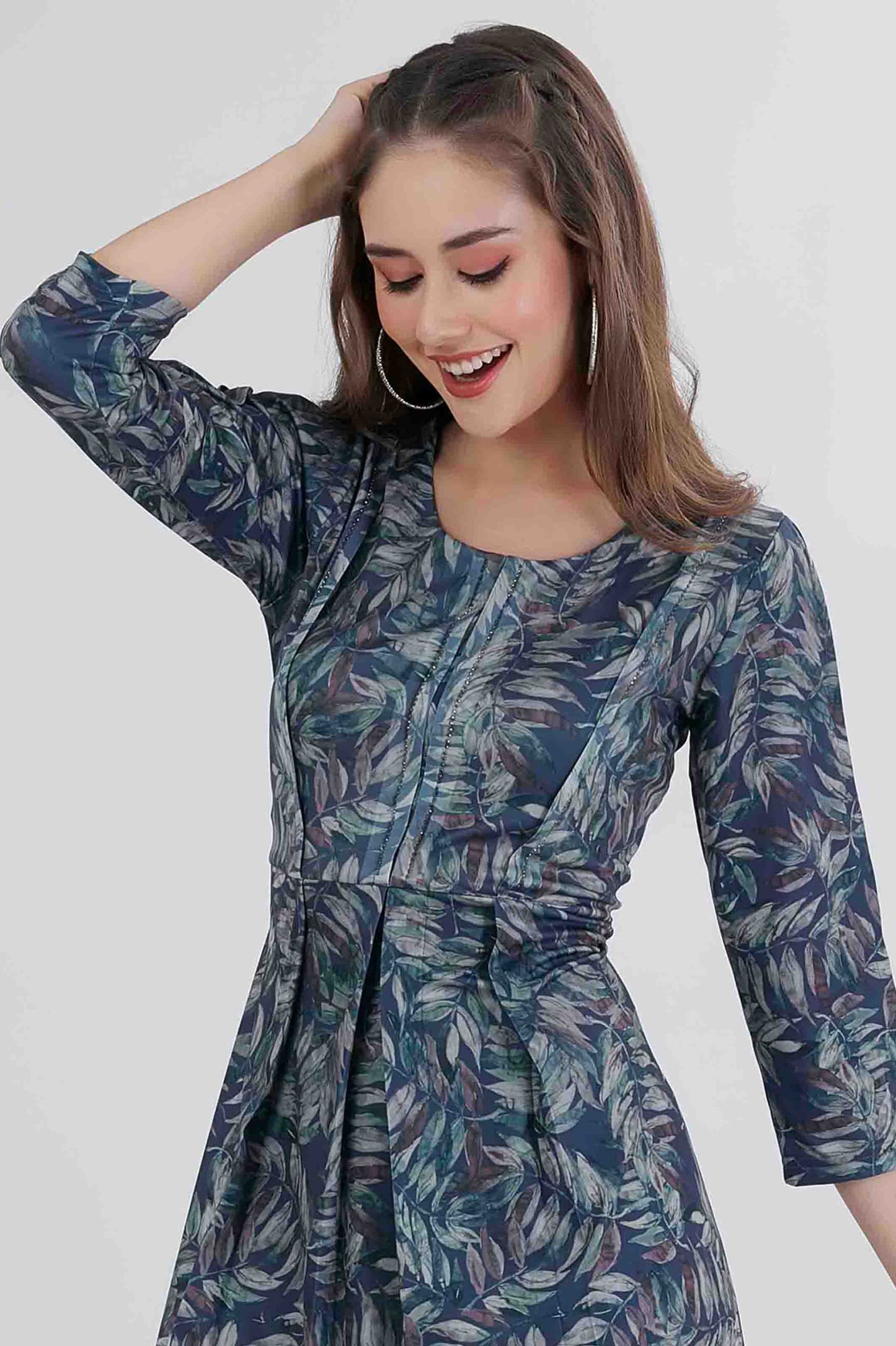 Teal Leaf Printed Fit & Flare Midi Dress