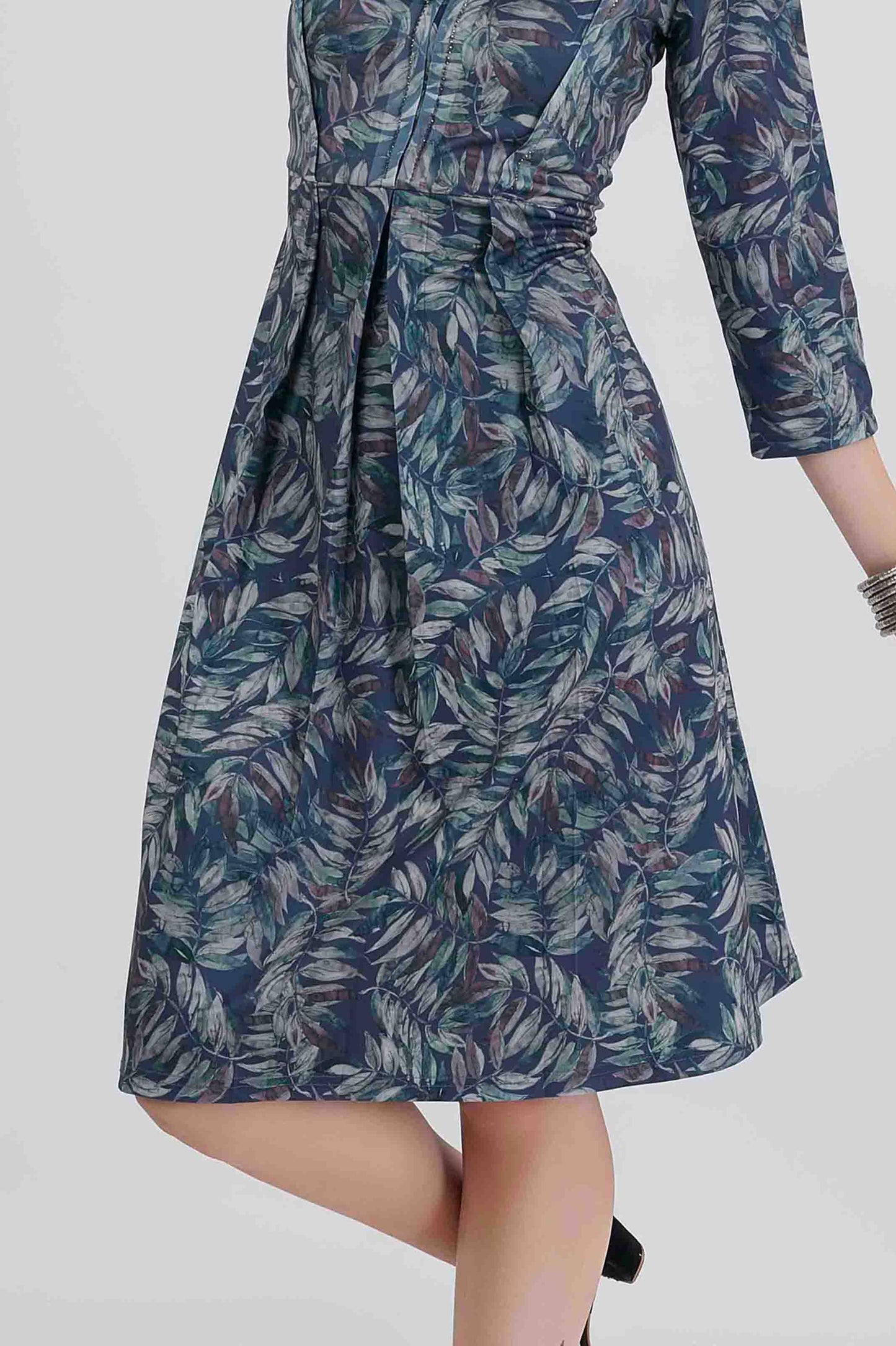 Teal Leaf Printed Fit & Flare Midi Dress