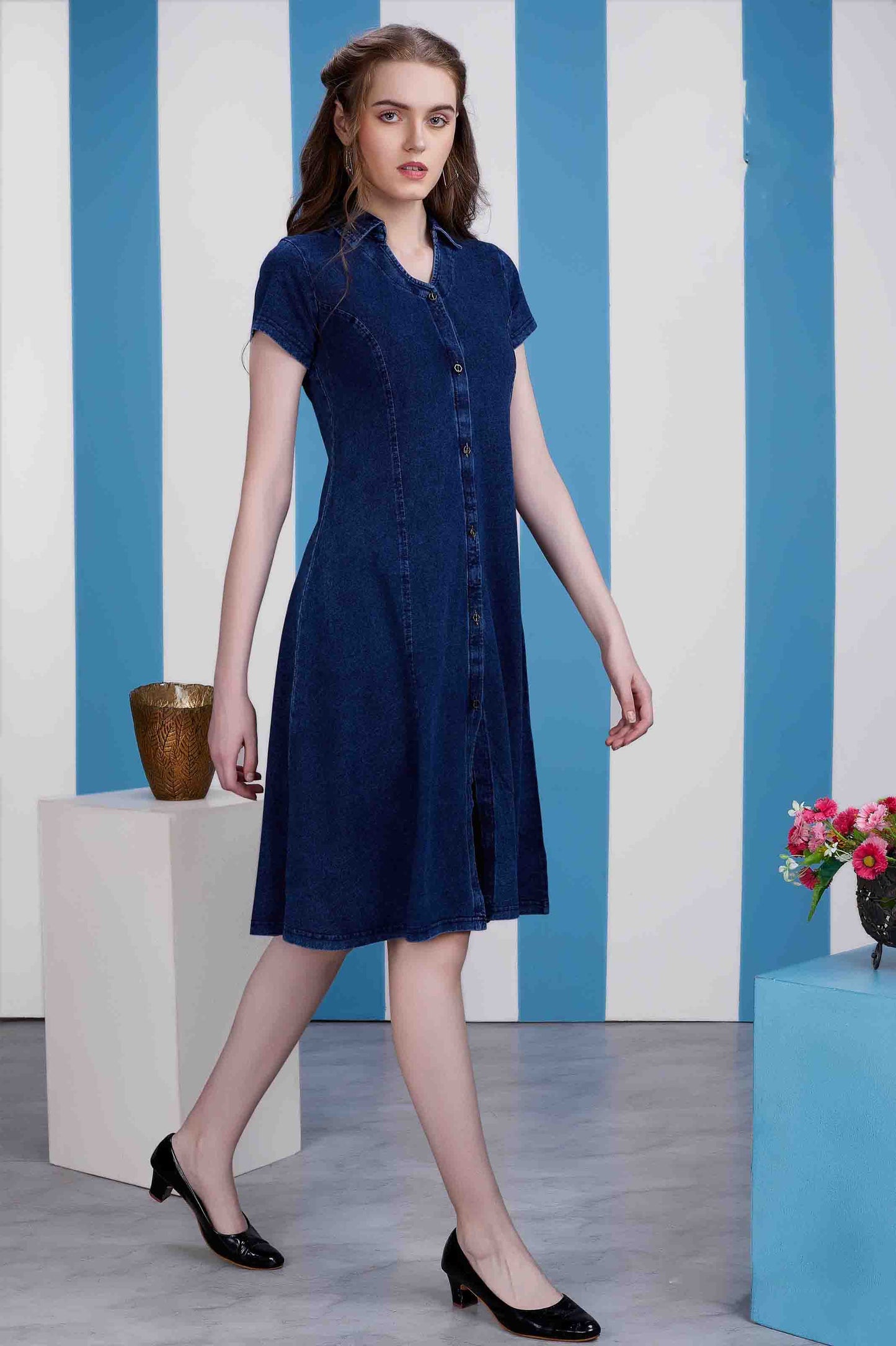 Dark Blue Denim Collared Midi Dress