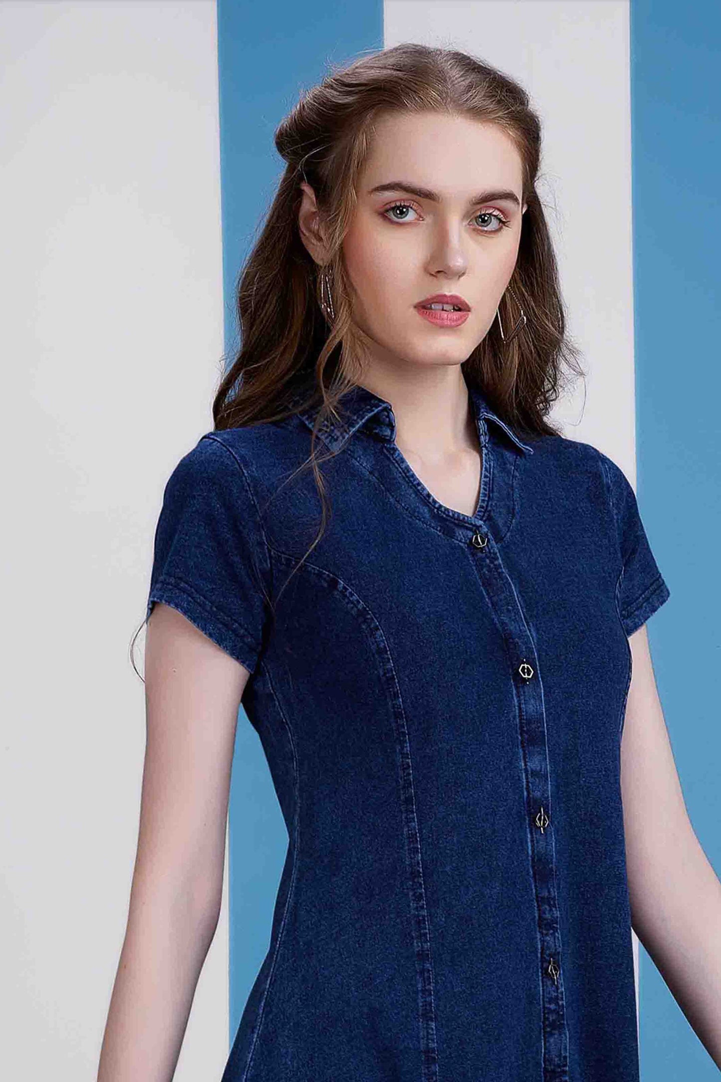 Dark Blue Denim Collared Midi Dress