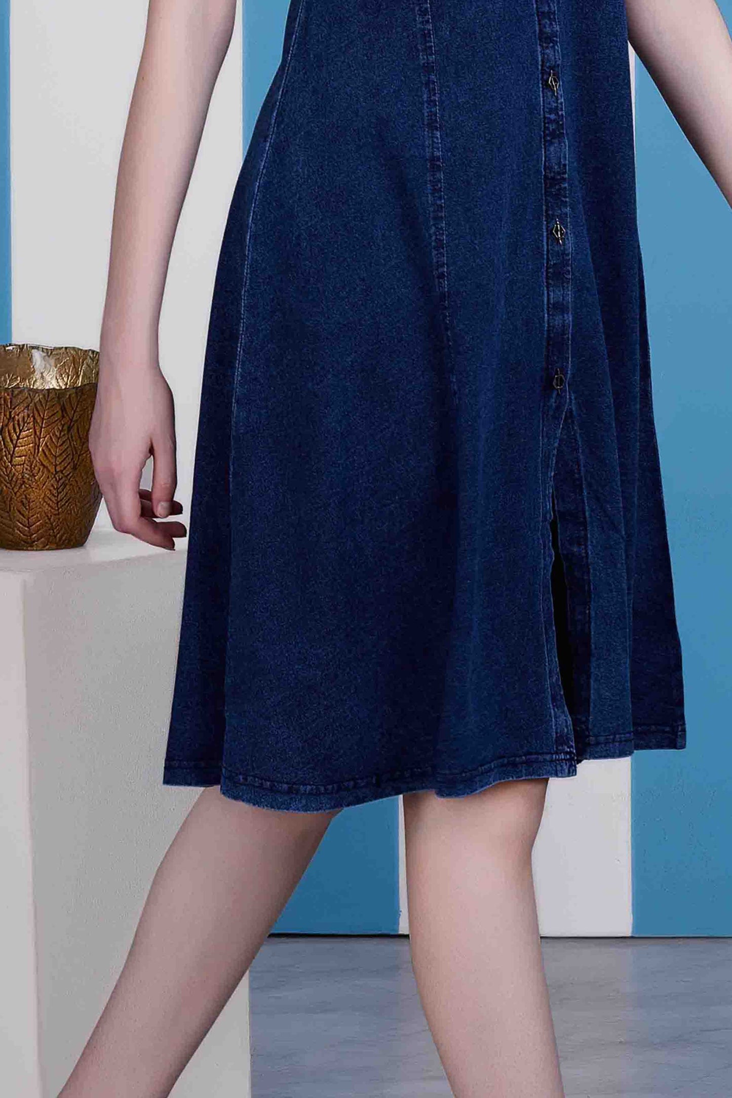 Dark Blue Denim Collared Midi Dress
