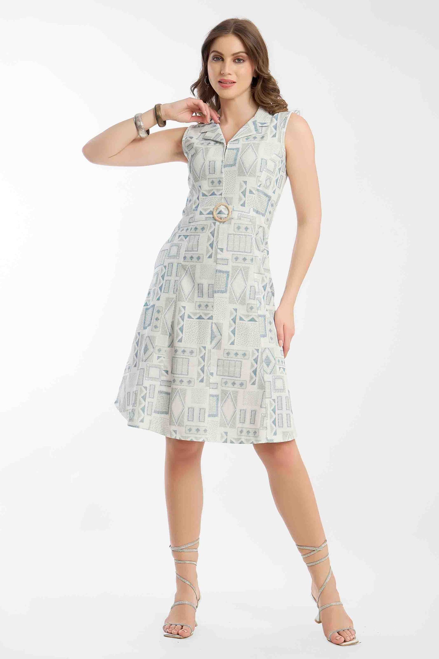 Mint Geometric Print Sleeveless Midi Dress with Belt