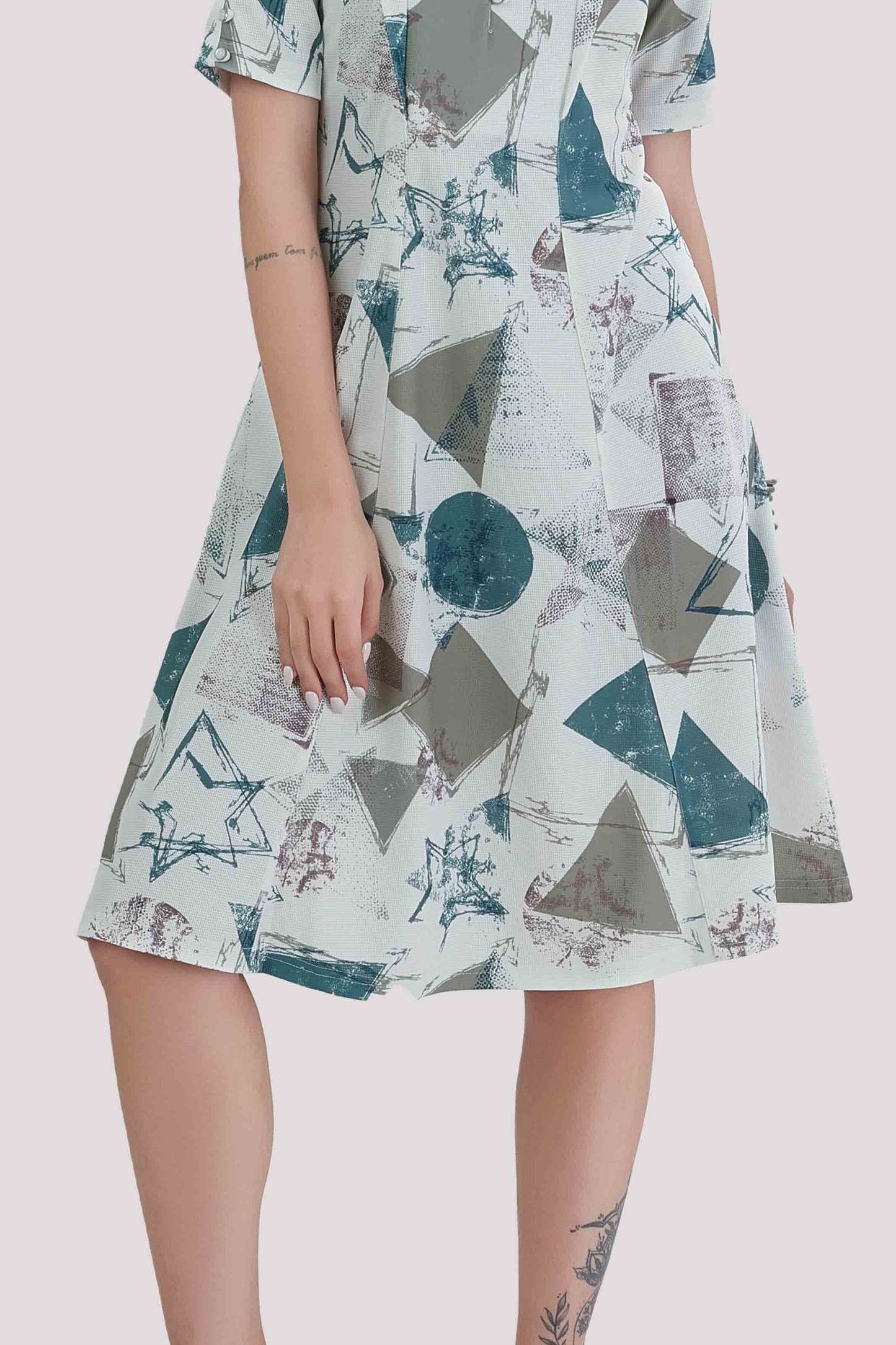 Teal Geometric Printed Fit & Flare Midi Dress