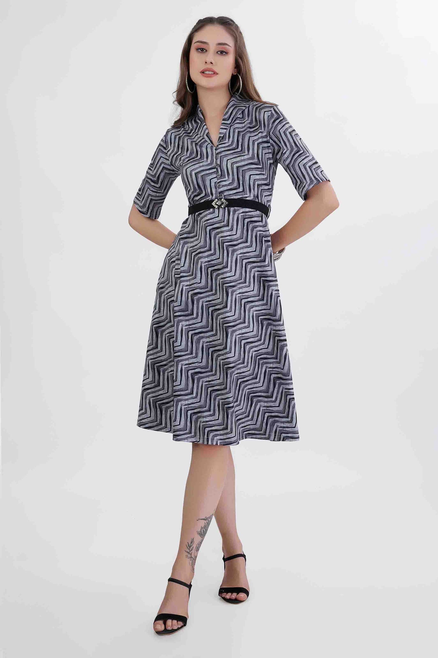 Zigzag Print Black & Grey Midi Dress with Designer Belt