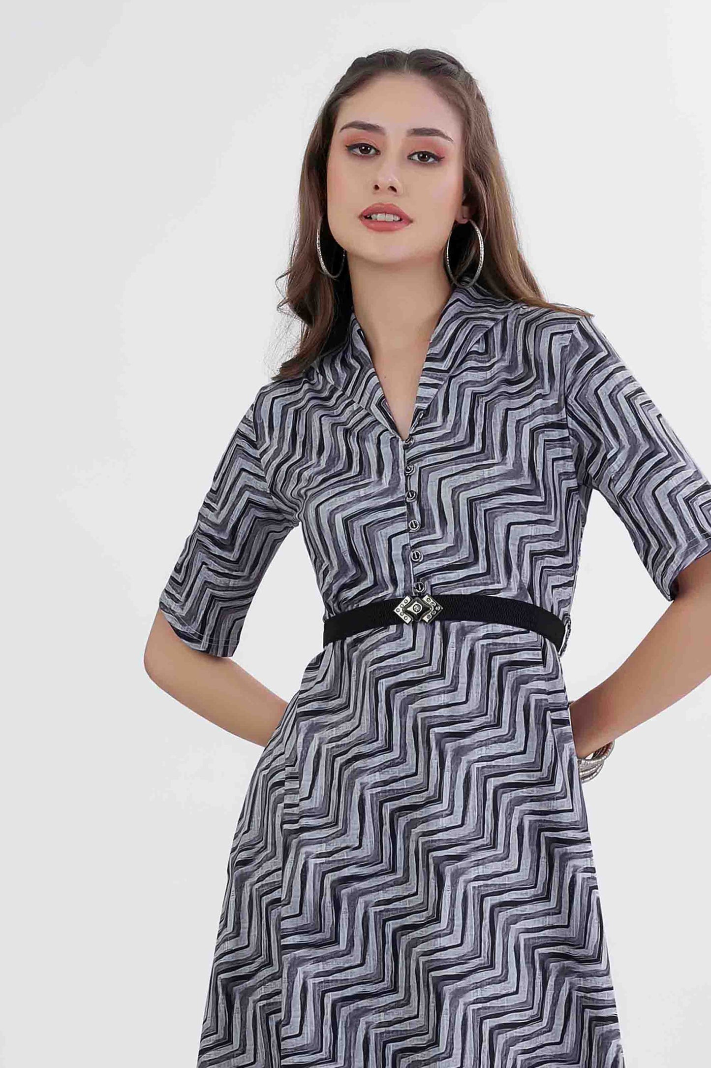 Zigzag Print Black & Grey Midi Dress with Designer Belt