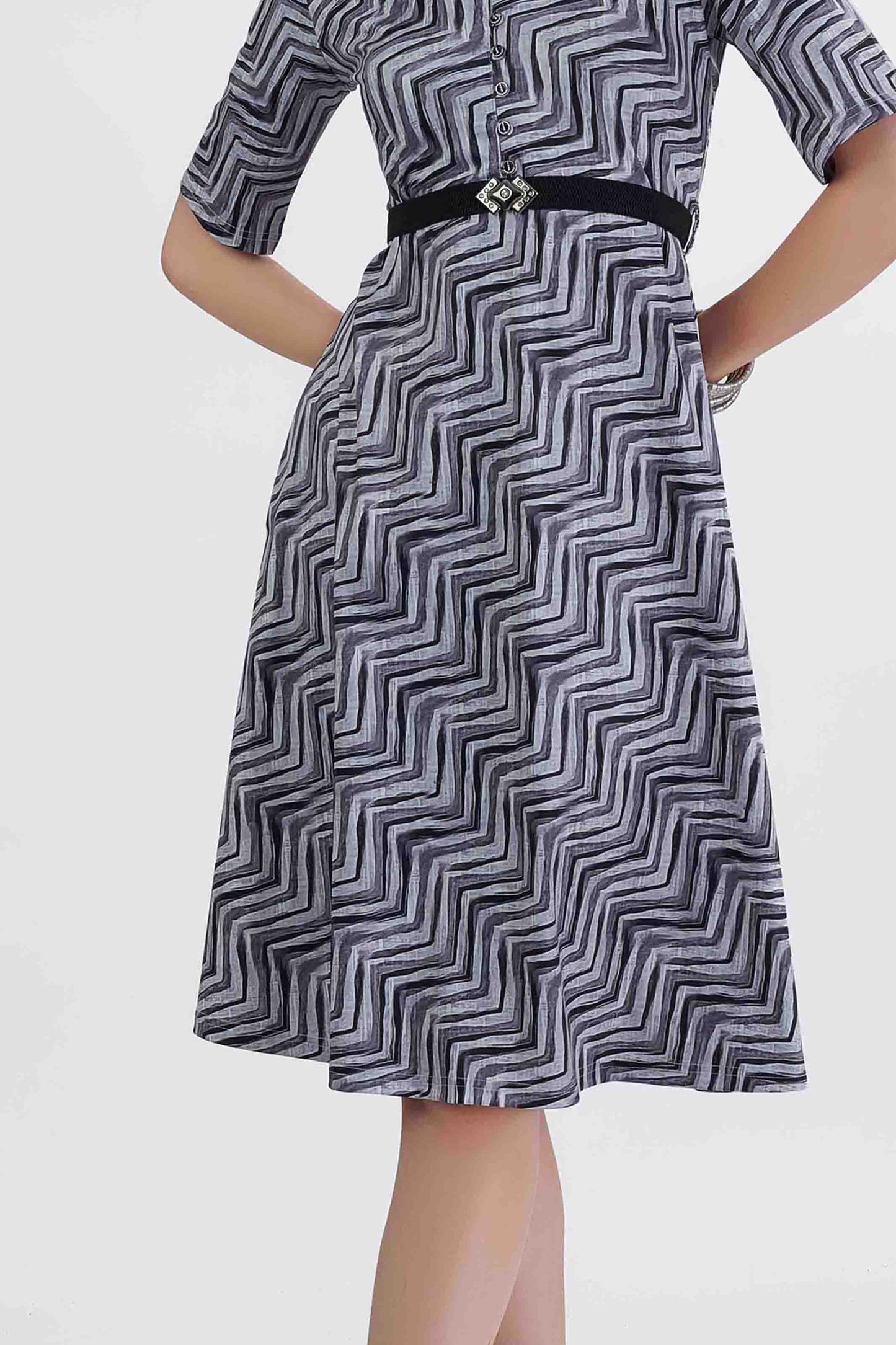 Zigzag Print Black & Grey Midi Dress with Designer Belt