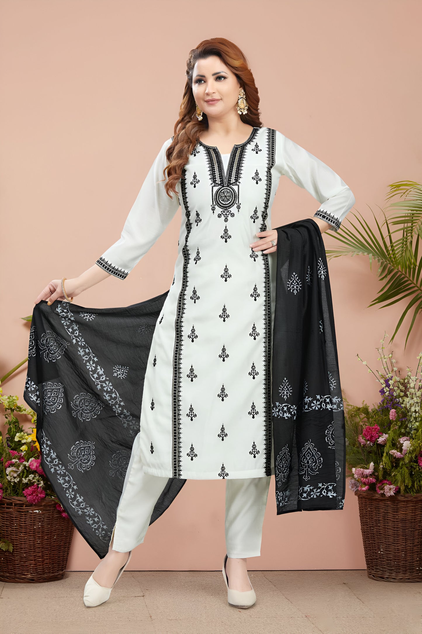 White Embroidered Suit with Black Dupatta