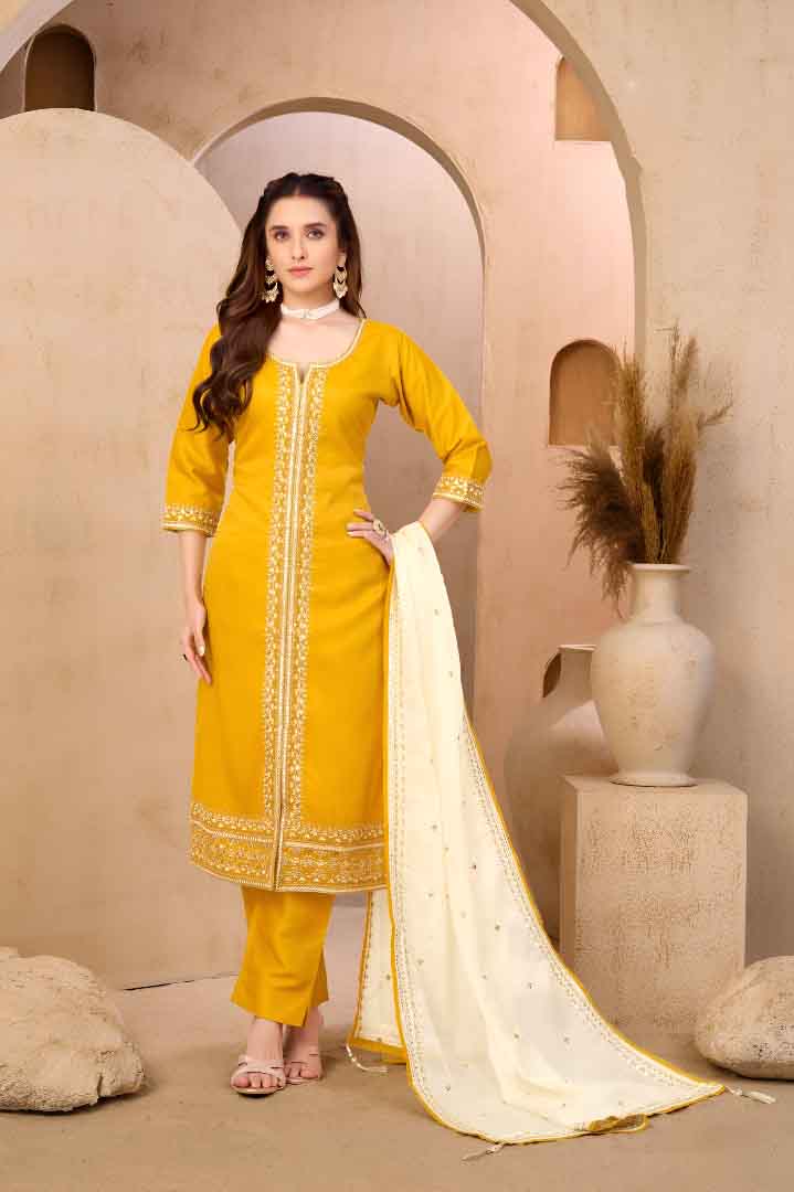 Yellow Embroidered Straight Suit Set with Dupatta